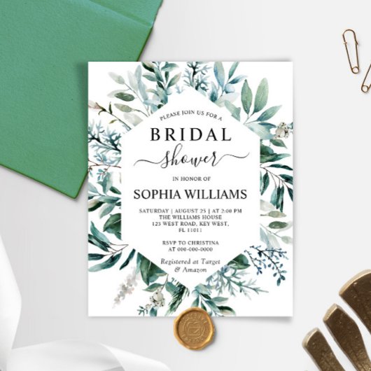 バジェットエメラルドグリーナリーブライダルシャワー招待