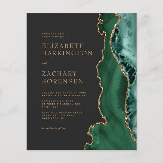 バジェットエメラルドグリーンアゲート金ゴールド結婚式招待状 (正面)