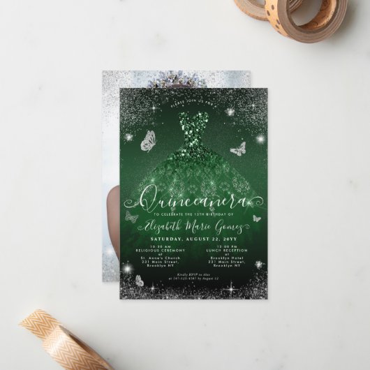 バジェットエメラルドグリーンシルバーグラムフォトキンセアニェラ ノートカード (正面/裏面インサイチュ)