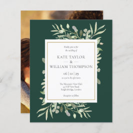バジェットエメラルドグリーン結婚リーフのフォト招待状