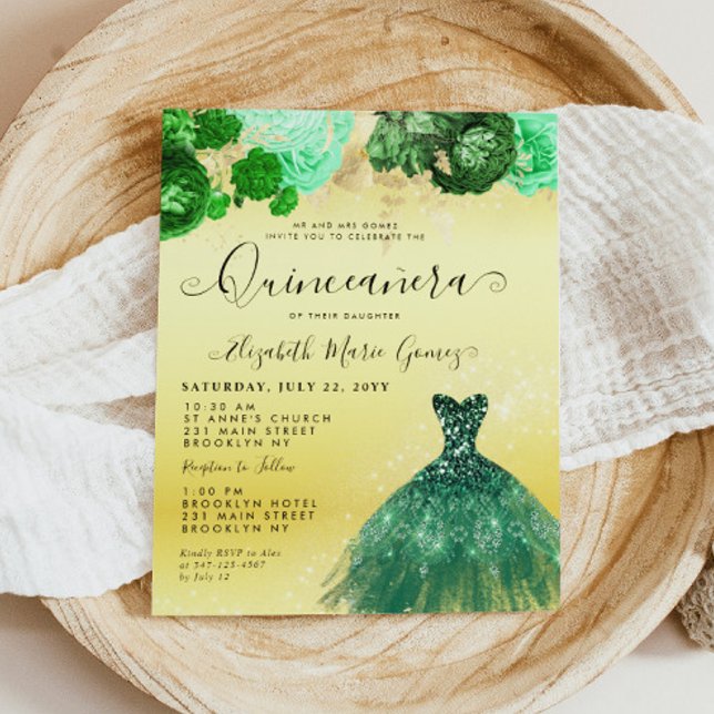 バジェットエメラルドグリーン金ゴールドドレスフローラキンセアニェラ (Budget Emerald Green Gold Dress Floral Quinceanera Birthday Invitation)