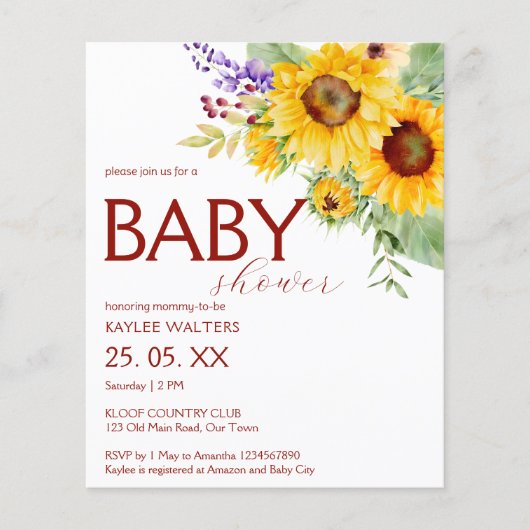 バジェットエレガントひまわり赤ちゃんシャワー招待 (正面)