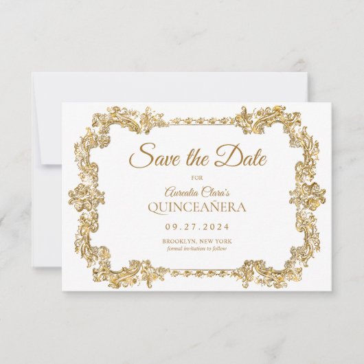 バジェットエレガントアイボリーホワイト金ゴールドフレームキンセアニェラ ノートカード (正面)