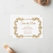 バジェットエレガントアイボリーホワイト金ゴールドフレームキンセアニェラ ノートカード (正面/裏面インサイチュ)