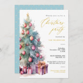 バジェットエレガントクリスマスツリーホリデーパーティー 招待状 (正面/裏面)
