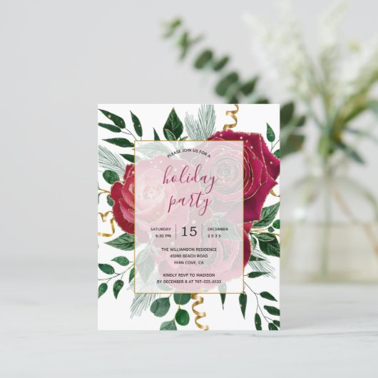バジェットエレガントグラムレッドローゼズホリデーパーティー招待状 (スタンド正面)