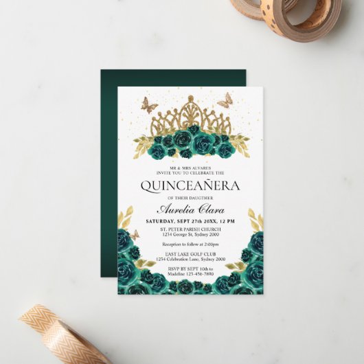 バジェットエレガントグリーンフローラ金ゴールドティアラキンセアニェラ ノートカード (正面/裏面インサイチュ)