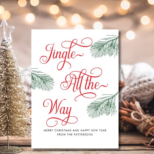 バジェットエレガントグリーンリー赤い書道クリスマス ノートカード