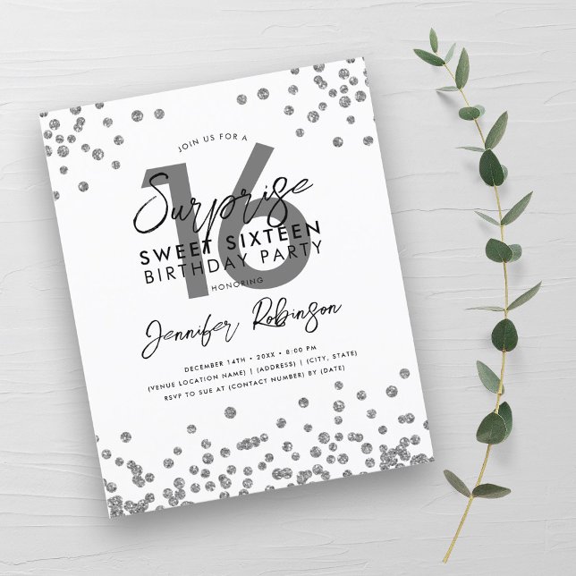 バジェットエレガントシルバー紙吹雪スウィート16招待状 (Budget Elegant Silver Confetti Sweet 16 Invite)