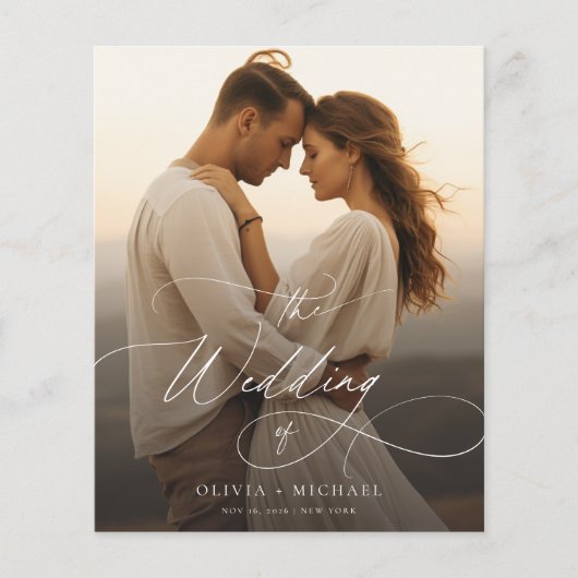 バジェットエレガントスクリプト日没の写真の結婚式の招待 (正面)