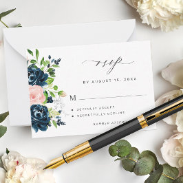 バジェットエレガントネイビーピンク結婚フローラのミニRSVP ノートカード