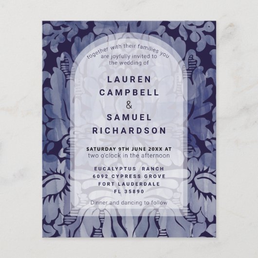 バジェットエレガントネイビーブルーダマスクウェディング招待状 (正面)