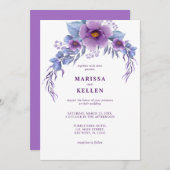バジェットエレガントパープルウォーター色のフローラ結婚ズ 招待状 (正面/裏面)