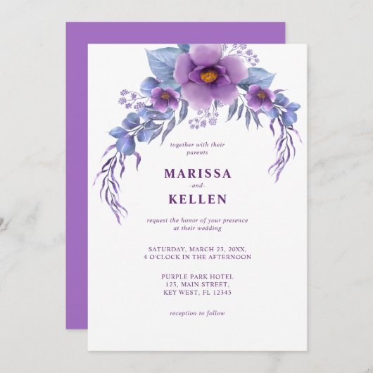 バジェットエレガントパープルウォーター色のフローラ結婚ズ 招待状 (正面/裏面)