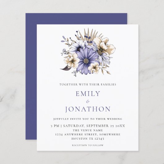 バジェットエレガントパープル花模様結婚式招待状 (正面/裏面)