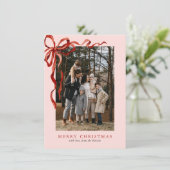 バジェットエレガントピンクレッドボウのクリスマスツーフォト シーズンカード (スタンド正面)