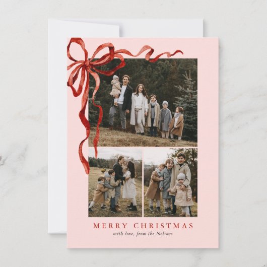 バジェットエレガントピンクレッドボウクリスマスフォーフォト シーズンカード (正面)