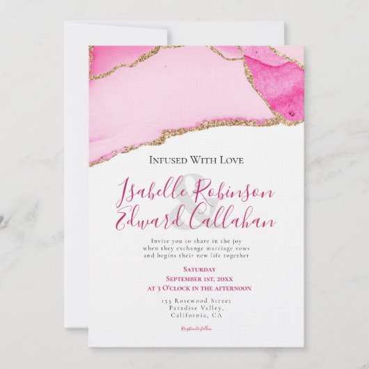 バジェットエレガントピンク&金ゴールドアガテストーン結婚ズ 招待状 (正面)