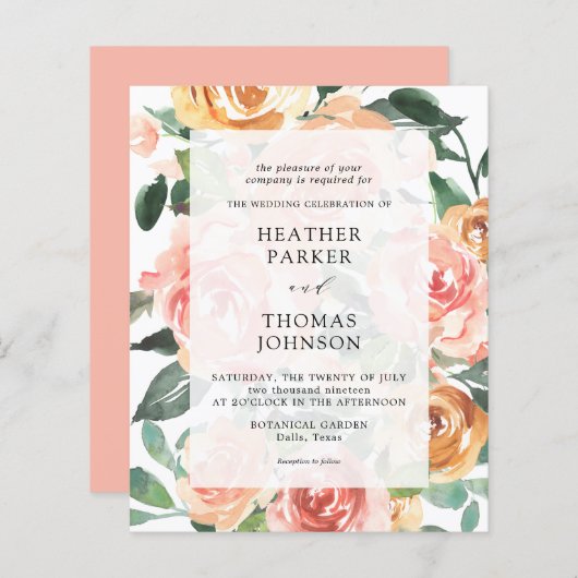 バジェットエレガントピーチウォーターカラーフラワー結婚ズ (正面/裏面)