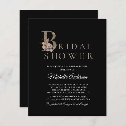 バジェットエレガントブラックモダンブライダルシャワーフライヤー (正面/裏面)