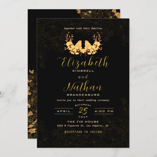 バジェットエレガントブラック金ゴールド鳥の結婚式の招待 サンキューカード (正面/裏面)