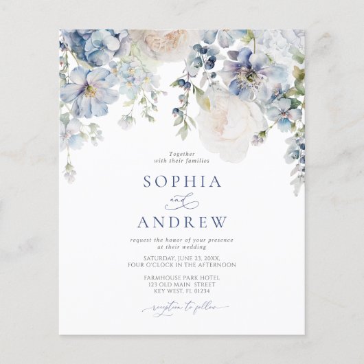 バジェットエレガントブルーアジサイ結婚式招待状 (正面)