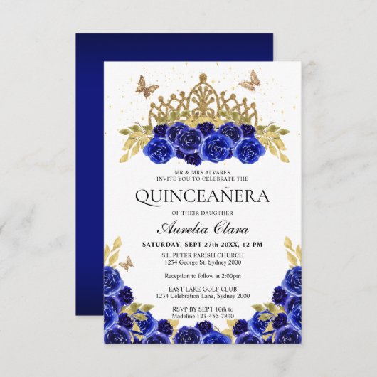 バジェットエレガントブルーフローラ金ゴールドティアラキンセアニェラ ノートカード (正面/裏面)