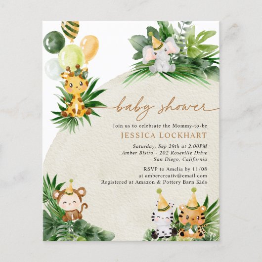 バジェットエレガントベビーアニマルズベビーシャワー招待状 (正面)