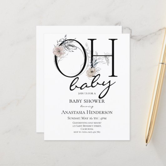 バジェットエレガントベビーシャワーの招待状。 (正面/裏面インサイチュ)