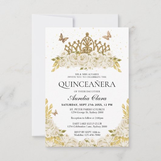 バジェットエレガントホワイトフローラ金ゴールドティアラキンセアニェラ ノートカード (正面)