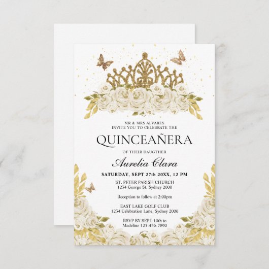 バジェットエレガントホワイトフローラ金ゴールドティアラキンセアニェラ ノートカード (正面/裏面)