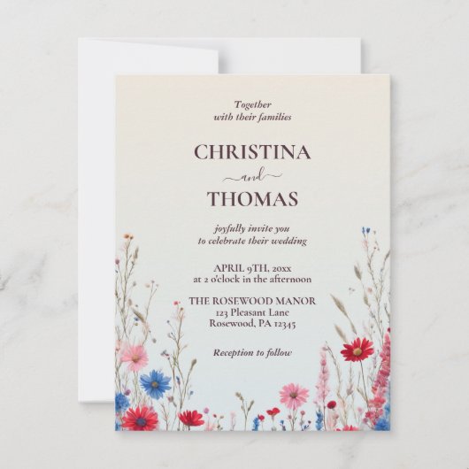 バジェットエレガントボホウォーター色ワイルドフラワー結婚ズ 招待状 (正面)