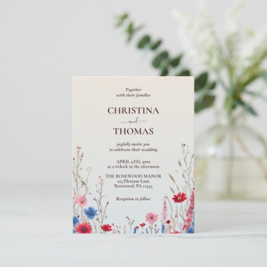 バジェットエレガントボホウォーター色ワイルドフラワー結婚ズ 招待状 (スタンド正面)