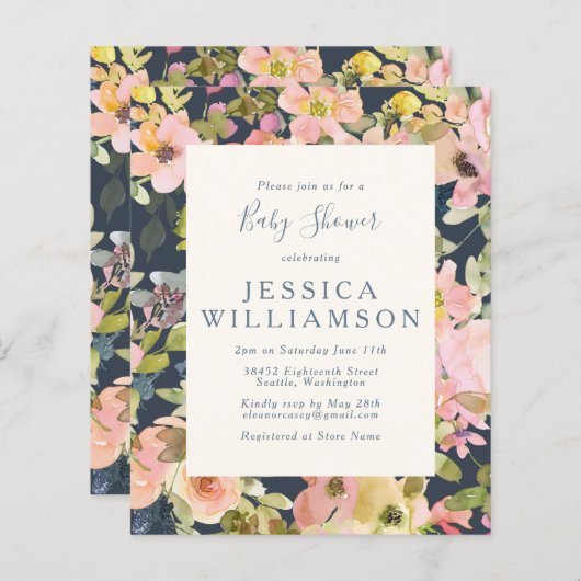 バジェットエレガントボホフローラベビーシャワー招待状 (正面/裏面)