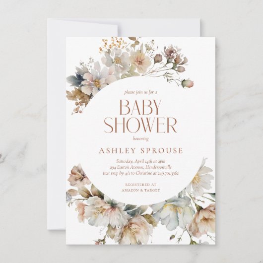 バジェットエレガントボホフローラ植物性ベビーシャワー 招待状 (正面)