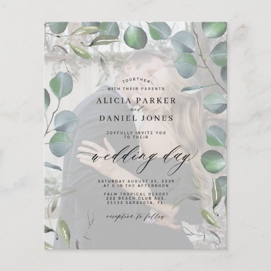 バジェットエレガントユーカリ写真結婚式招待状 (正面)