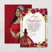 バジェットエレガントレッドフローラ写真キンチェニェラ サンキューカード (正面/裏面)