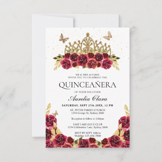 バジェットエレガントレッドフローラ金ゴールドティアラキンセアニェラ ノートカード (正面)