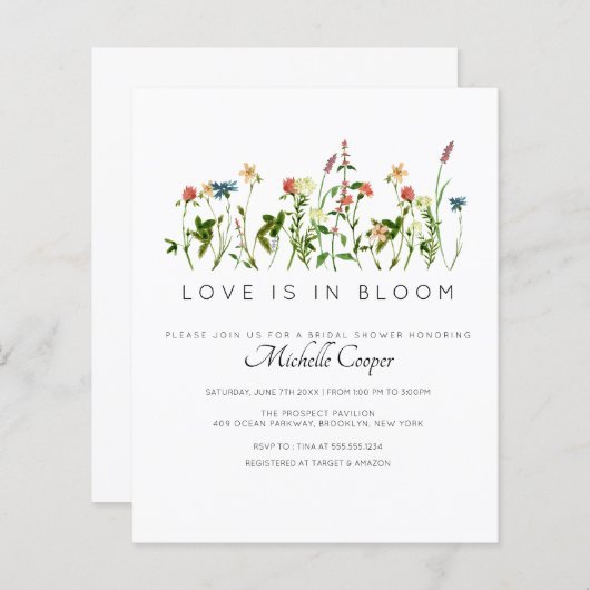 バジェットエレガントワイルドフラワーブライダルシャワー招待 (正面/裏面)