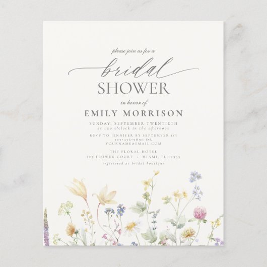 バジェットエレガントワイルドフラワーブライダルシャワー招待 (正面)