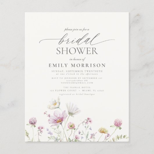 バジェットエレガントワイルドフラワーブライダルシャワー招待 (正面)