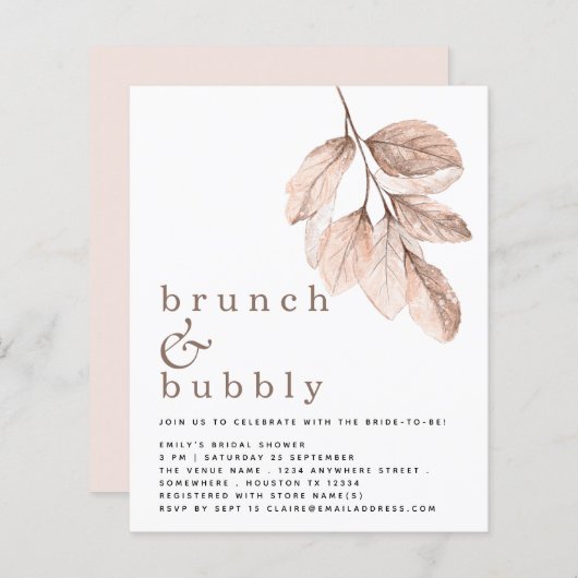 バジェットエレガント赤面リーフブライダルシャワー招待状 (正面/裏面)