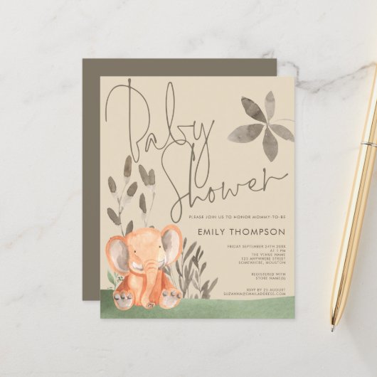 バジェットエレファントクリームベビーシャワー招待状 (正面/裏面インサイチュ)