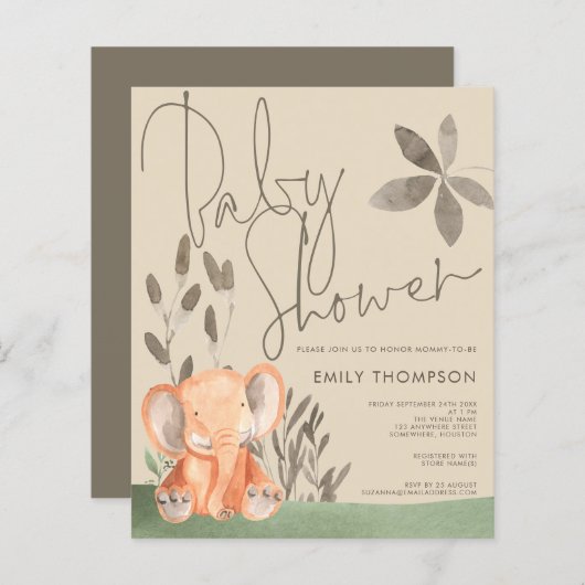 バジェットエレファントクリームベビーシャワー招待状 (正面/裏面)