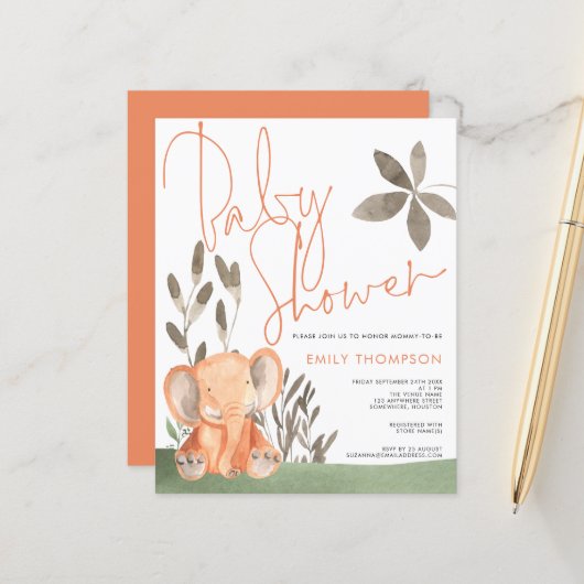 バジェットエレファントコーラルベビーシャワー招待状 (正面/裏面インサイチュ)