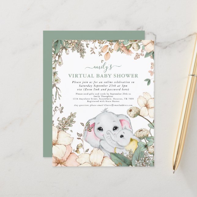 バジェットエレファントセージ仮想ベビーシャワー招待状 (正面/裏面インサイチュ)