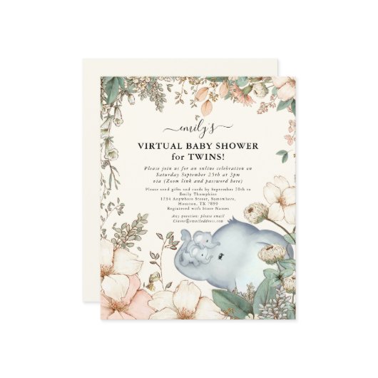 バジェットエレファントバーチャルベビーシャワーツインズ招待状 (正面/裏面インサイチュ)