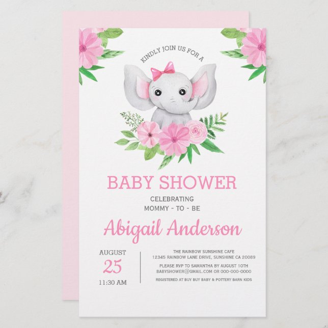 バジェットエレファントベビーシャワーフローラ招待状 (正面/裏面)