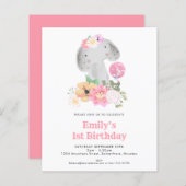 バジェットエレファント1stバースデーピンクパーティの招待状 (正面/裏面)