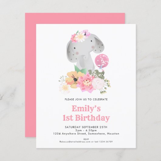 バジェットエレファント1stバースデーピンクパーティの招待状 (正面/裏面)
